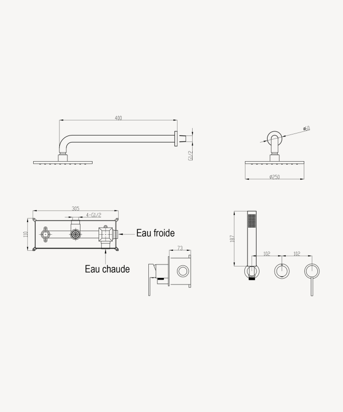 3-Hole Concealed Shower Column - Corbeau