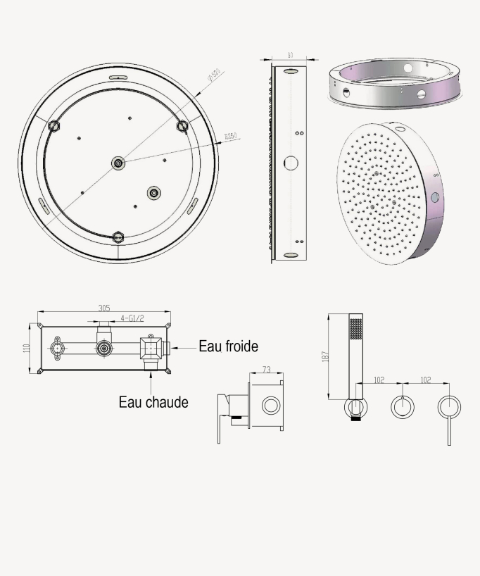 3-hole concealed shower mixer set with round ceiling rain head – Corbeau