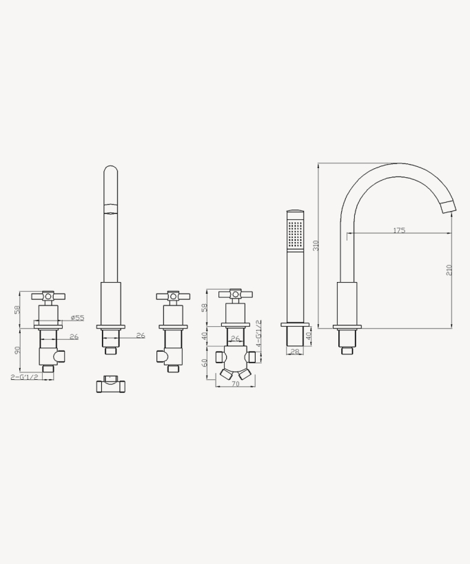 5-Hole Deck-Mounted Bath-Shower Mixer - Rose Gold - Corbeau