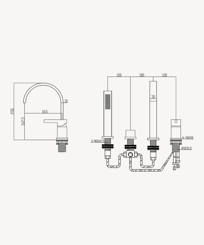 4-hole deck-mounted bath tap gunmetal - Fiumina
