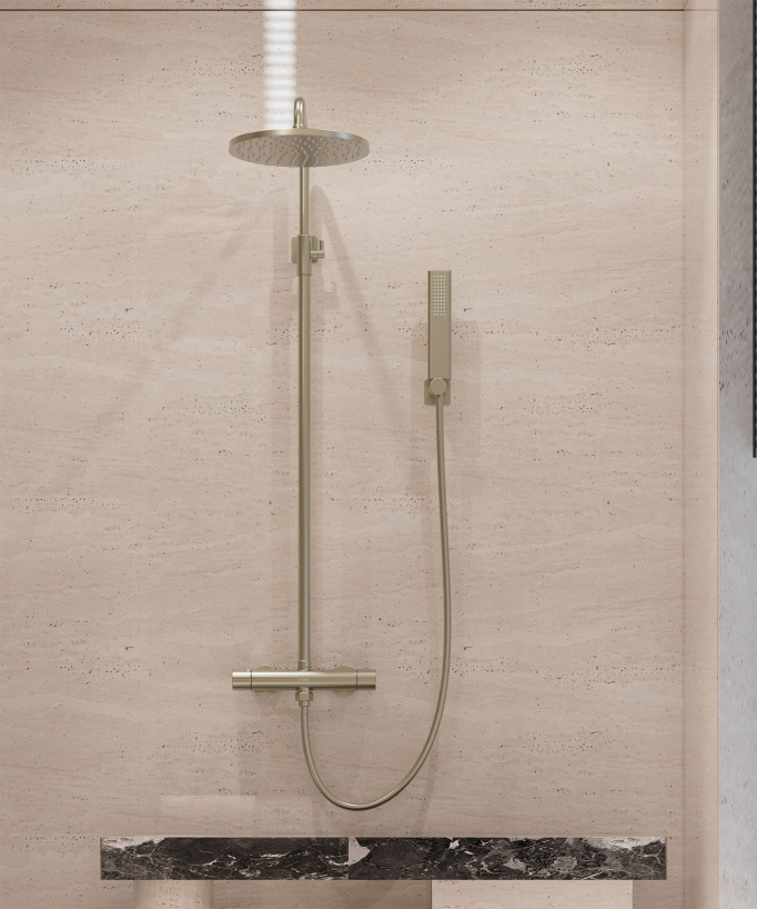 Wall-mounted thermostatic shower column – Brushed gold – Fiumina
