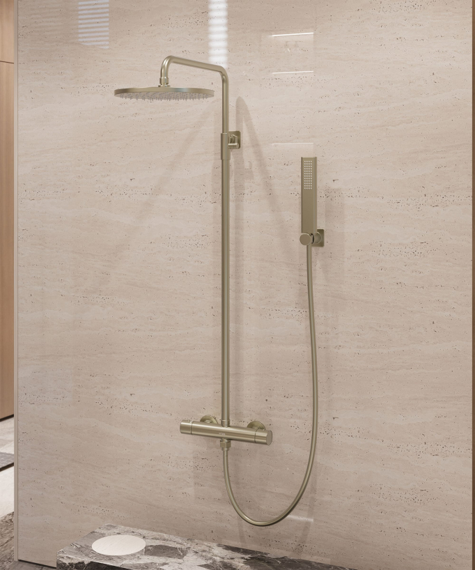 Wall-mounted thermostatic shower column – Brushed gold – Fiumina