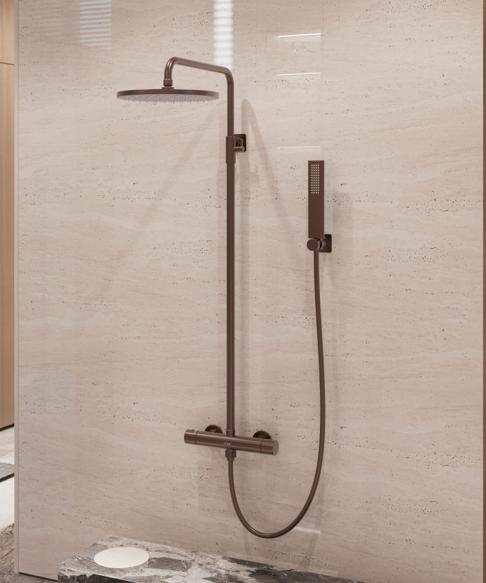 Wall-mounted thermostatic shower column – Brushed rose gold – Fiumina