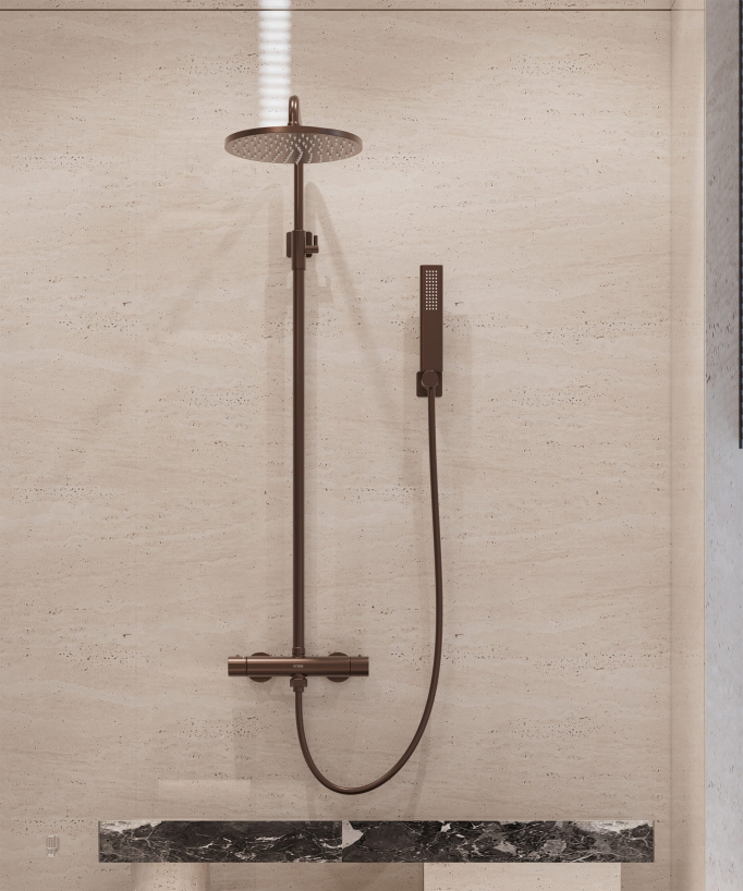 Wall-mounted thermostatic shower column – Brushed rose gold – Fiumina