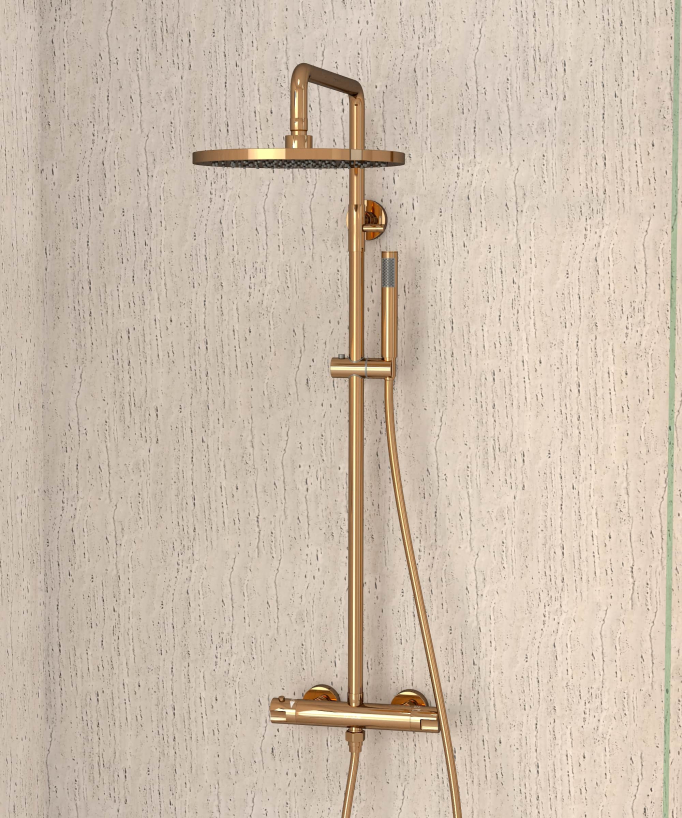 Thermostatic Shower Column with Rain Head and Adjustable Hand Shower Bracket - Rose Gold - Corbeau
