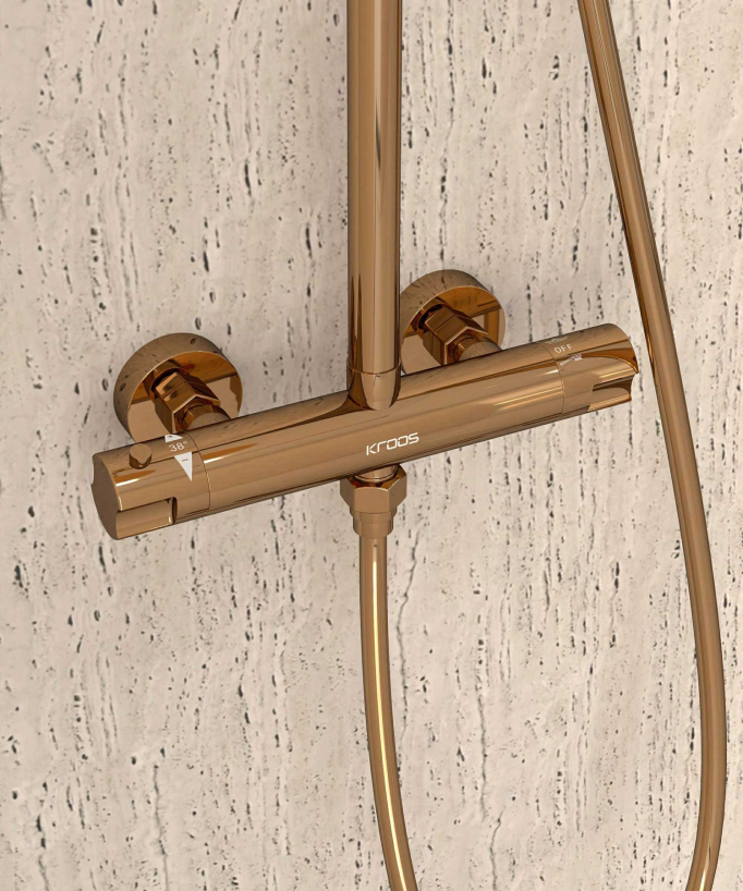 Thermostatic Shower Column with Rain Head and Adjustable Hand Shower Bracket - Rose Gold - Corbeau