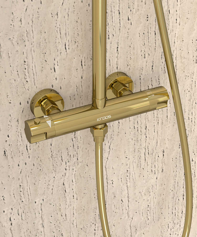 Thermostatic Shower Column with Rain Head and Adjustable Hand Shower Bracket - Gold - Corbeau