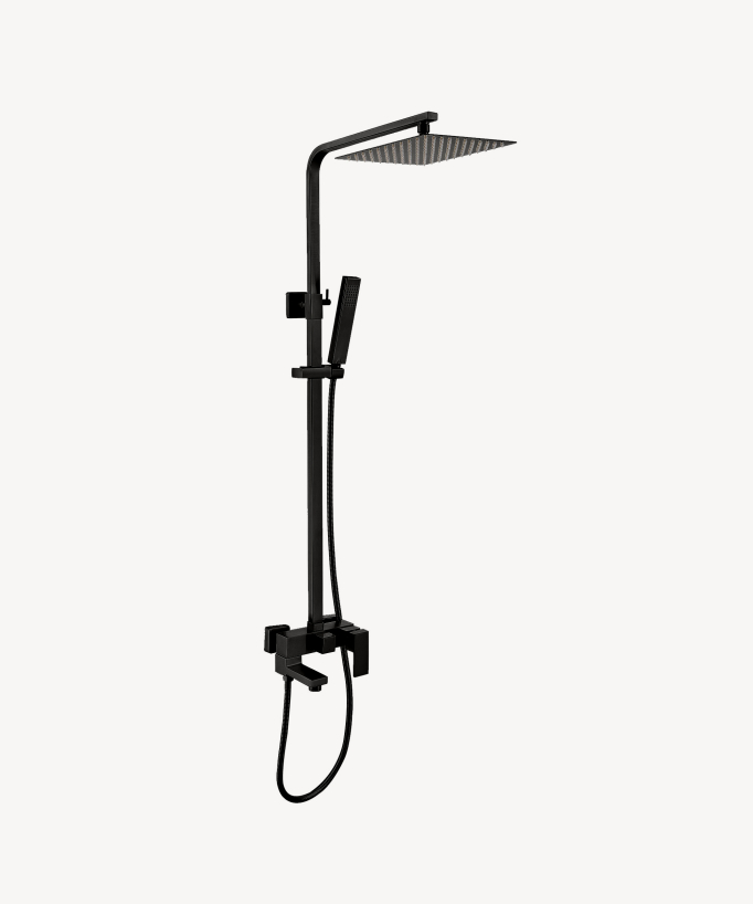 Sirius Black Bath Shower Column with Rain Head, Hand Shower and Integrated Spout