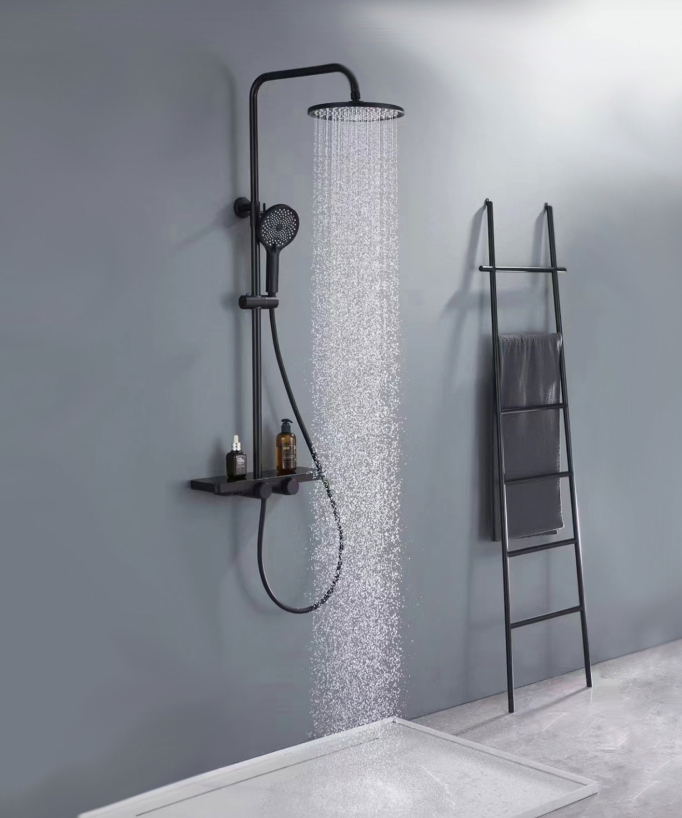 Black Shower Column with Mixer - Rain Head, Shelf and Adjustable Hand Shower
