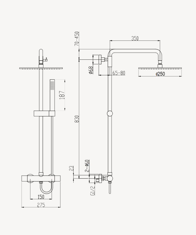 Corbeau Chrome Thermostatic Shower Column, Rain Head and Adjustable Hand Shower Bracket