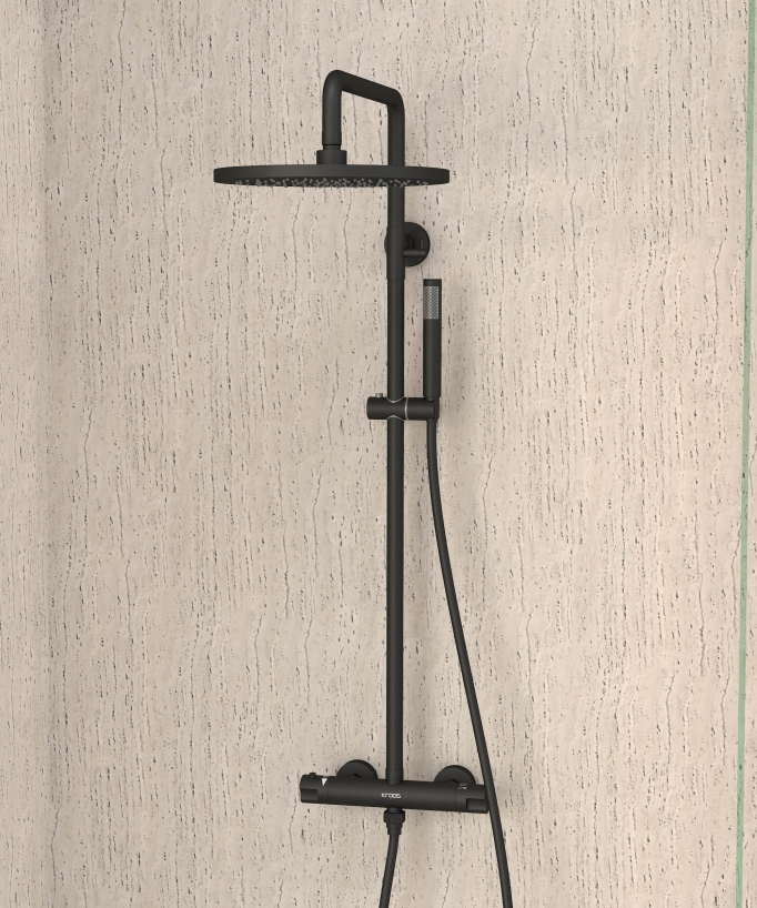 Black Thermostatic Shower Column, Rain Head and Adjustable Hand Shower Bracket - Corbeau