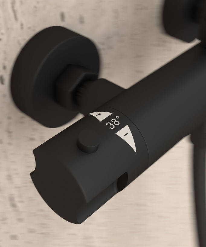 Black Thermostatic Shower Column, Rain Head and Adjustable Hand Shower Bracket - Corbeau