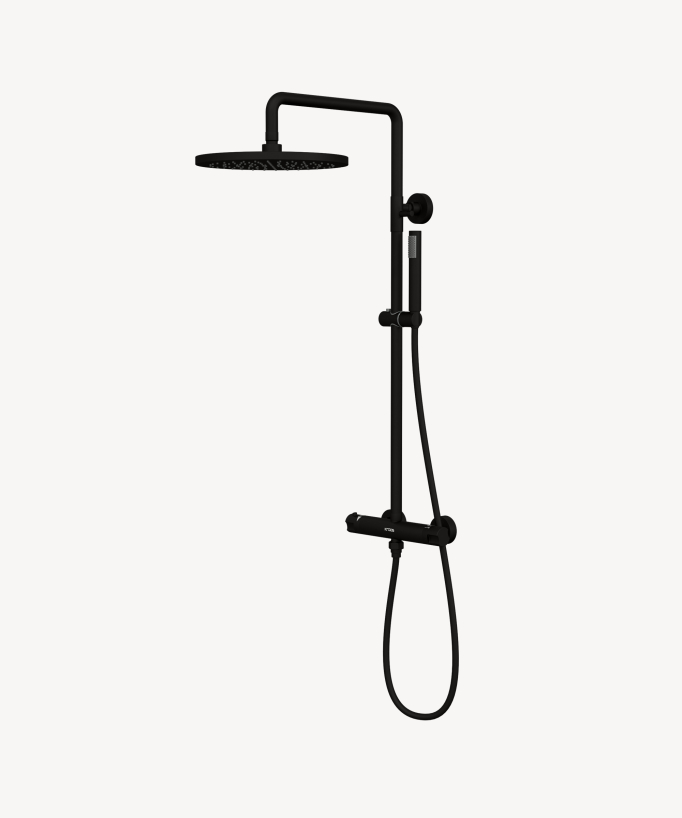 Black Thermostatic Shower Column, Rain Head and Adjustable Hand Shower Bracket - Corbeau