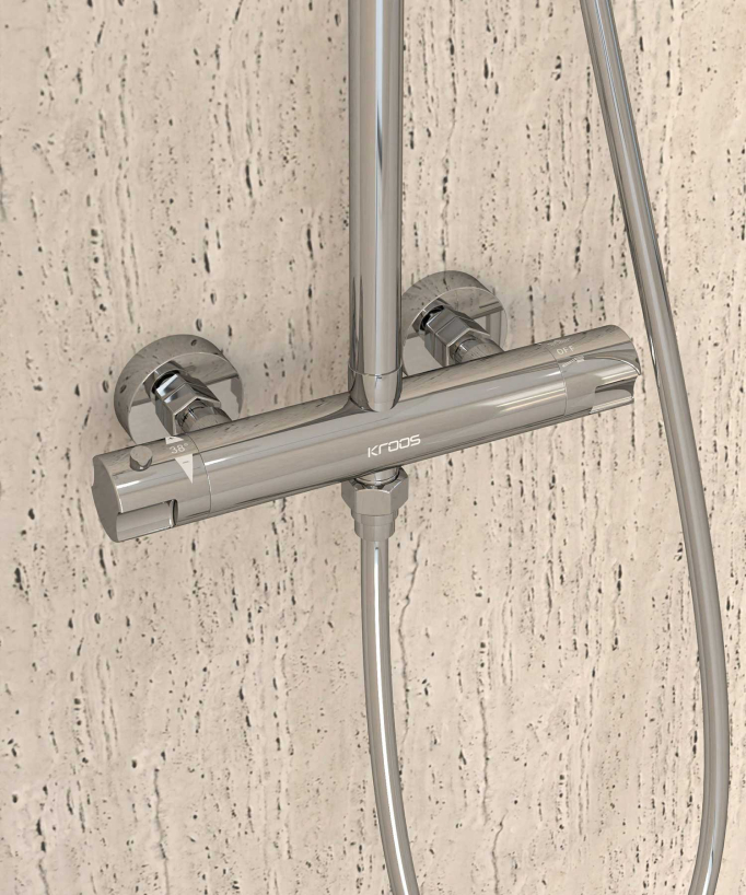 Corbeau Chrome Thermostatic Shower Column, Rain Head and Adjustable Hand Shower Bracket