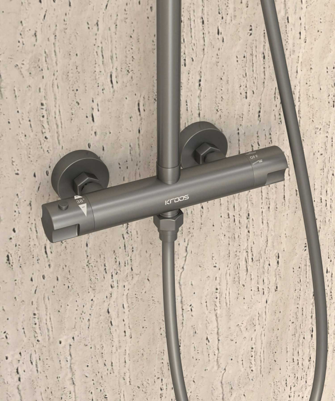 Thermostatic Shower Column with Rain Head and Adjustable Hand Shower Bracket - Gunmetal - Corbeau