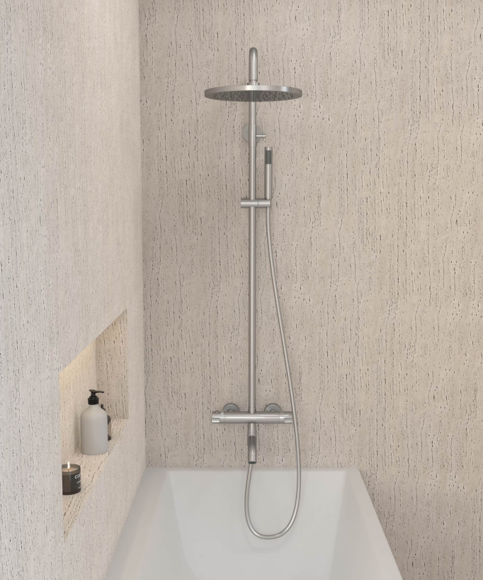 Brushed Nickel Thermostatic Bath Shower Column with Anti-Scald Safety - Corbeau