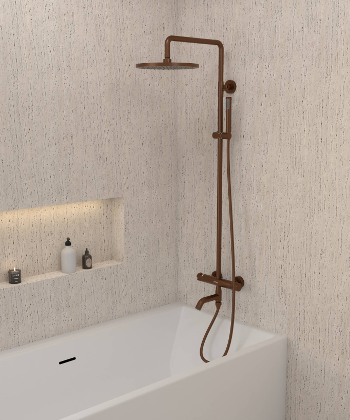Brushed Rose Gold Thermostatic Bath Shower Column with Anti-Scald Safety - Corbeau