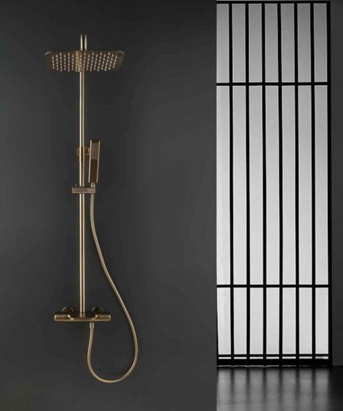 Thermostatic Bath Shower Column with Waterfall Spout - Brushed Gold
