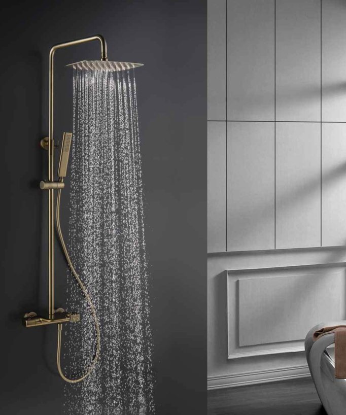 Thermostatic Bath Shower Column with Waterfall Spout - Brushed Gold