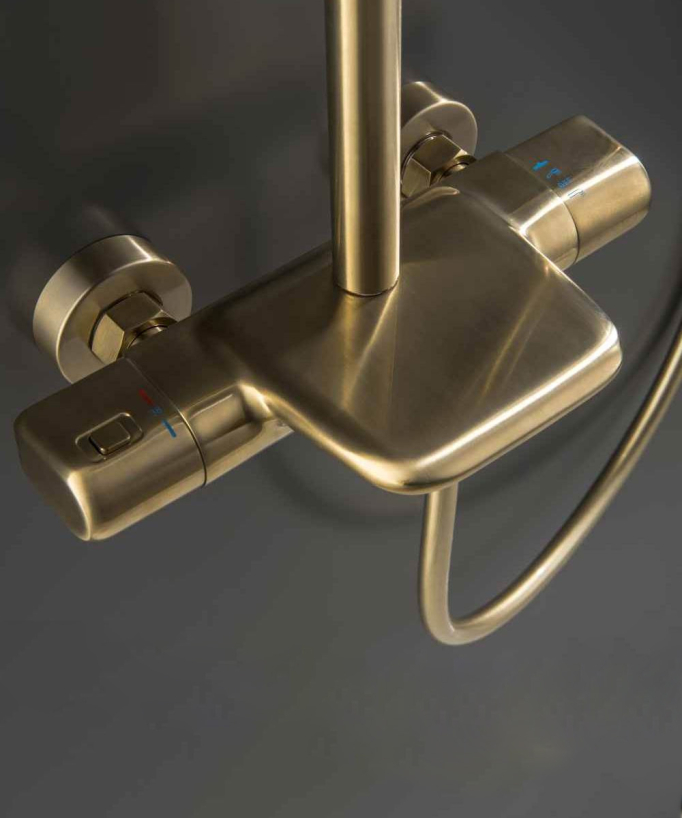 Thermostatic Bath Shower Column with Waterfall Spout - Brushed Gold