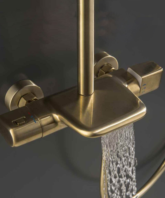 Thermostatic Bath Shower Column with Waterfall Spout - Brushed Gold