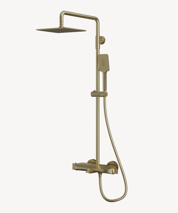 Brushed Gold Thermostatic Bath Shower Column, Extra-Flat Head