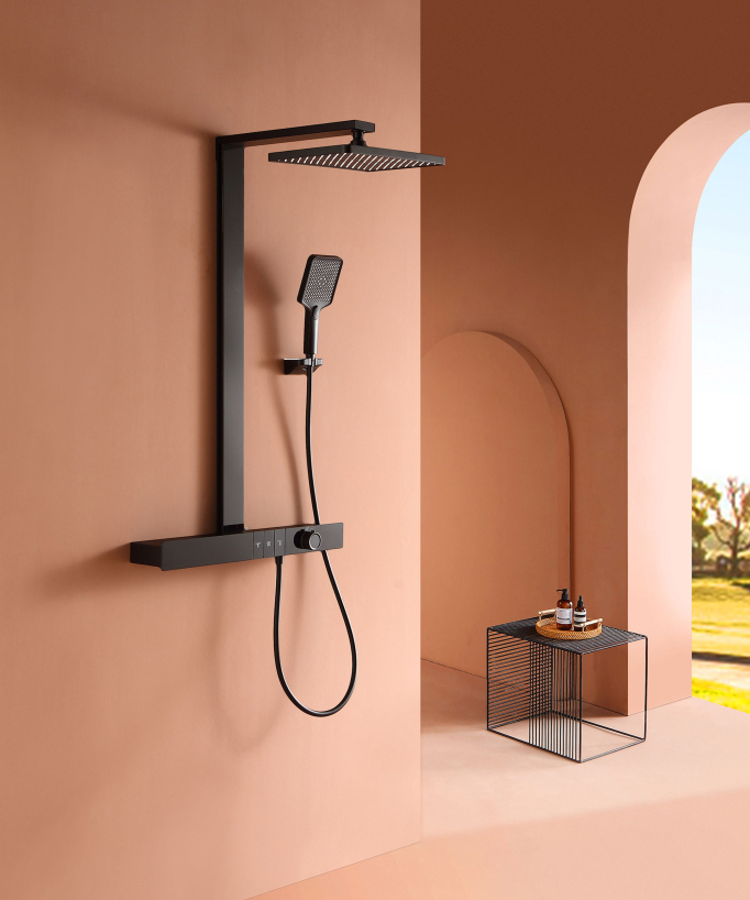 Thermostatic Shower Column with Shelf - Black