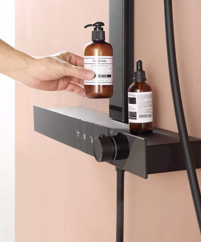 Thermostatic Shower Column with Shelf - Black