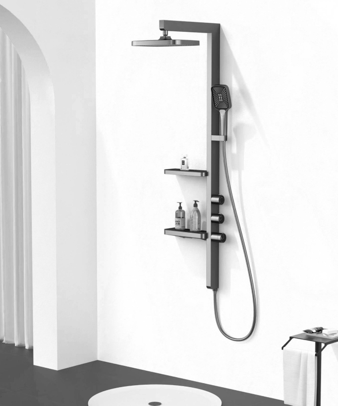 Designer Shower Column with Shelves - Gunmetal