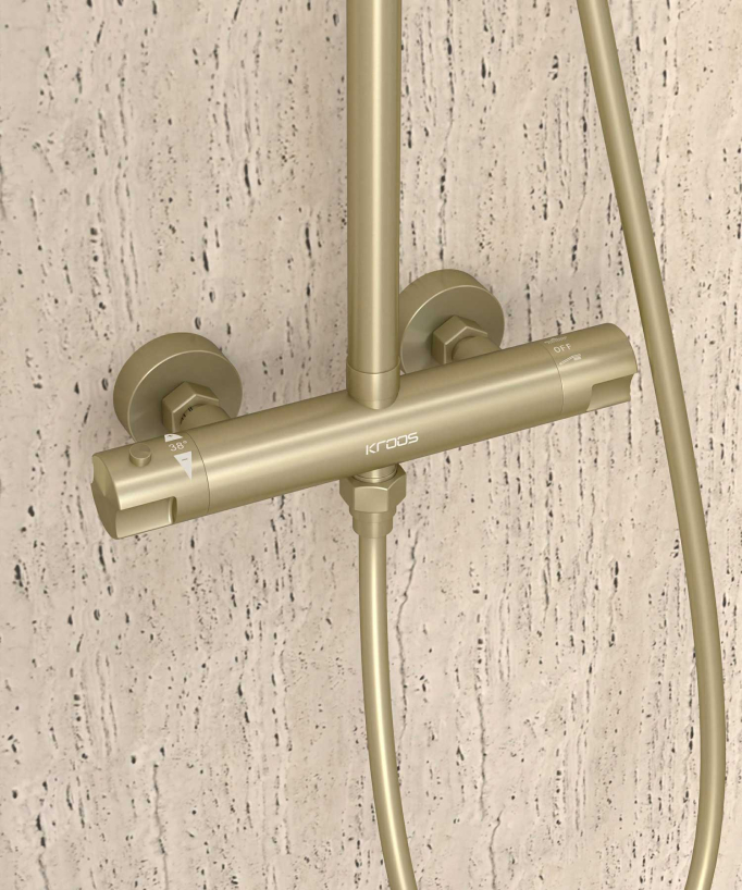 Corbeau Thermostatic Shower Column with Rain Head and Adjustable Hand Shower Bracket - Brushed Gold
