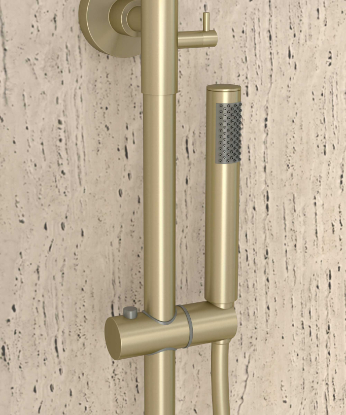 Corbeau Thermostatic Shower Column with Rain Head and Adjustable Hand Shower Bracket - Brushed Gold