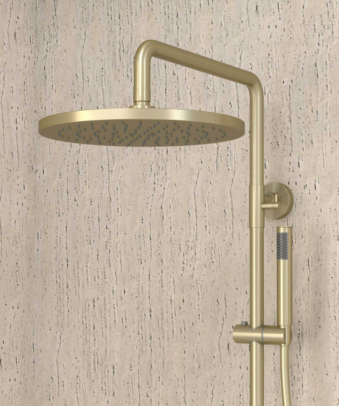 Corbeau Thermostatic Shower Column with Rain Head and Adjustable Hand Shower Bracket - Brushed Gold