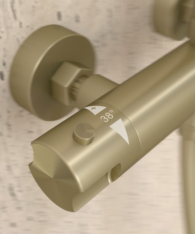 Corbeau Thermostatic Shower Column with Rain Head and Adjustable Hand Shower Bracket - Brushed Gold