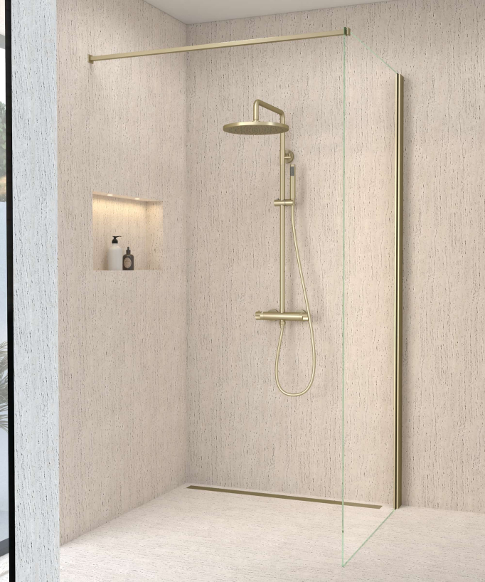 Corbeau Thermostatic Shower Column with Rain Head and Adjustable Hand Shower Bracket - Brushed Gold