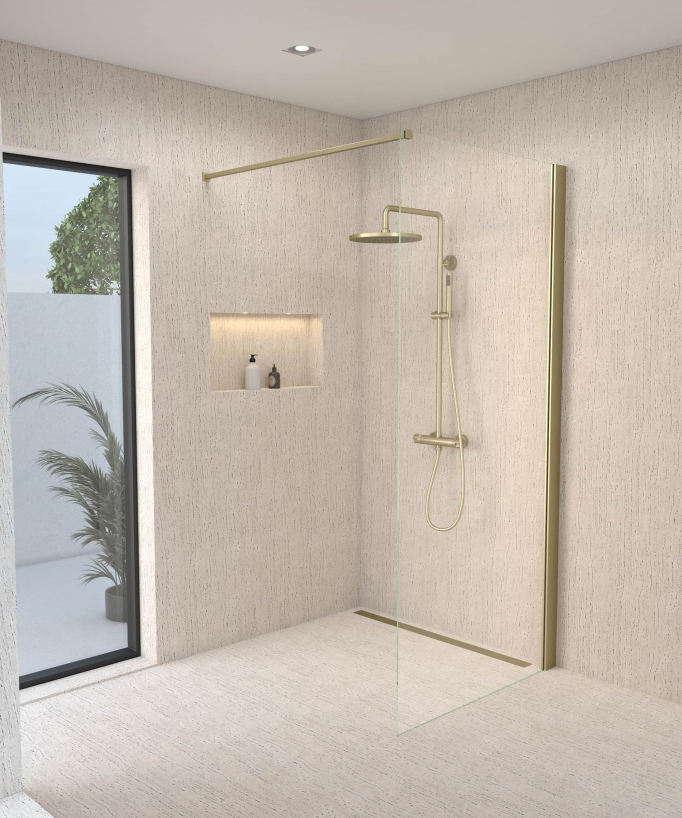 Corbeau Thermostatic Shower Column with Rain Head and Adjustable Hand Shower Bracket - Brushed Gold