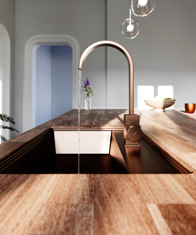 Minimalist High-Arc Kitchen Mixer Tap Brushed Rose Gold - Fiumina