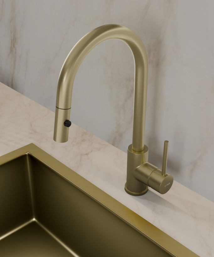 Modern Kitchen Mixer with Spray Head - Brushed Gold - Corbeau