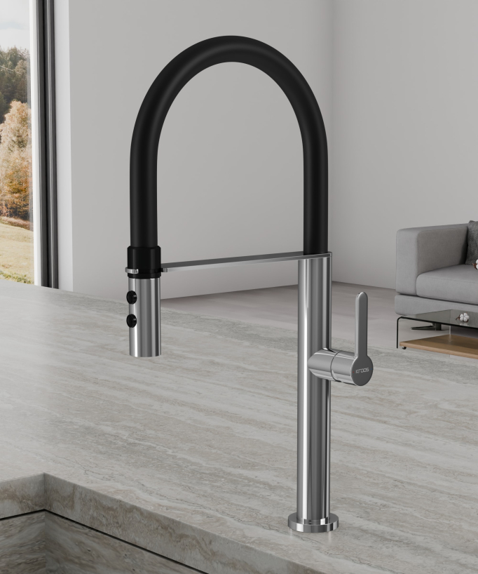 High Sink Mixer with Spray Head - Chrome and Black