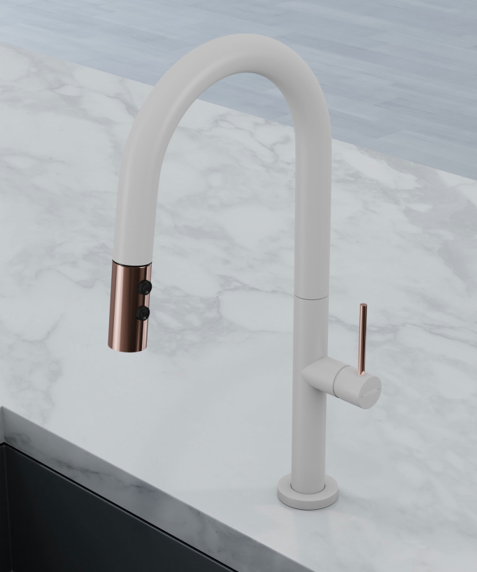 Modern Sink Mixer with Pull-Out Spray - White, Rose Gold