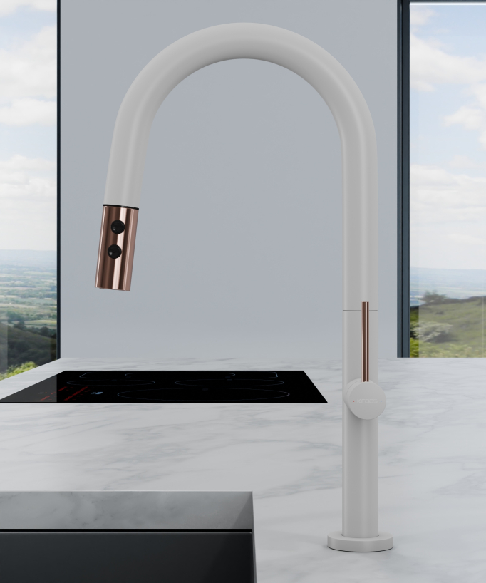 Modern Sink Mixer with Pull-Out Spray - White, Rose Gold