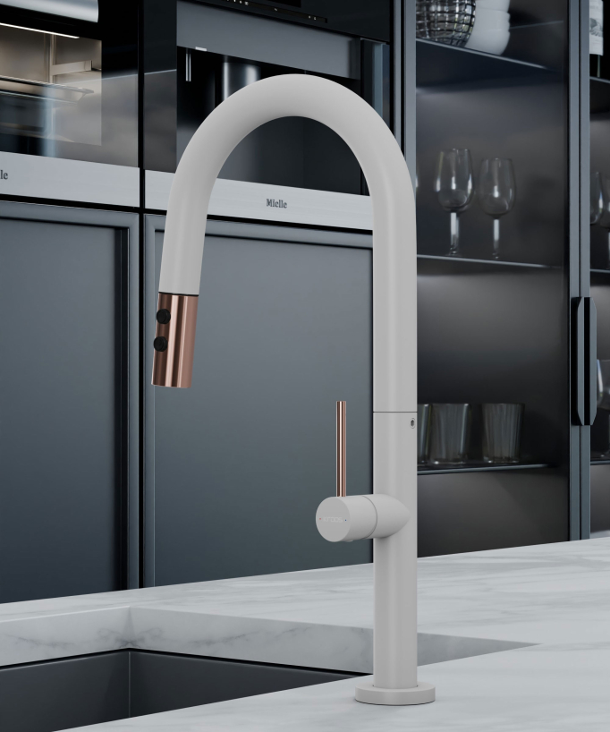 Modern Sink Mixer with Pull-Out Spray - White, Rose Gold