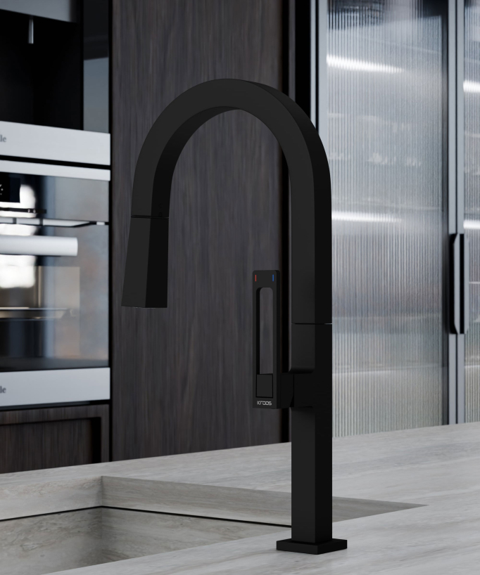 Modern High Sink Mixer with Spray Head - Black