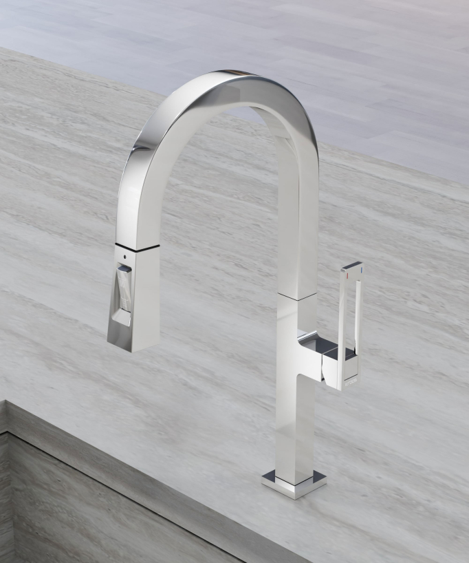 Modern High Sink Mixer with Spray Head - Chrome