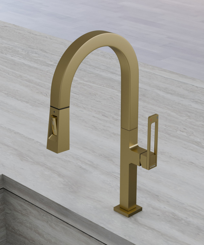 Modern High Sink Mixer with Spray Head - Brushed Gold