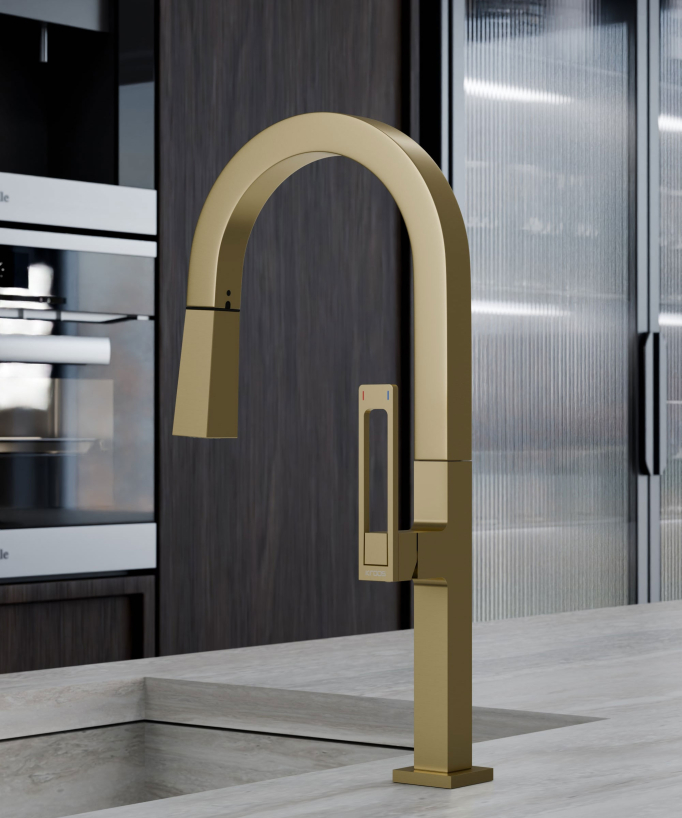 Modern High Sink Mixer with Spray Head - Brushed Gold