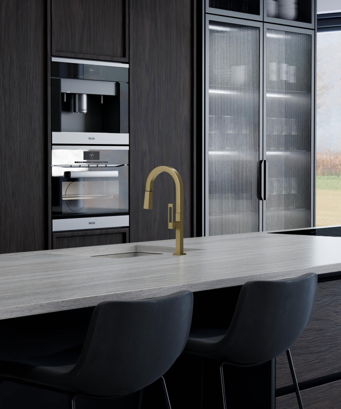 Modern High Sink Mixer with Spray Head - Brushed Gold