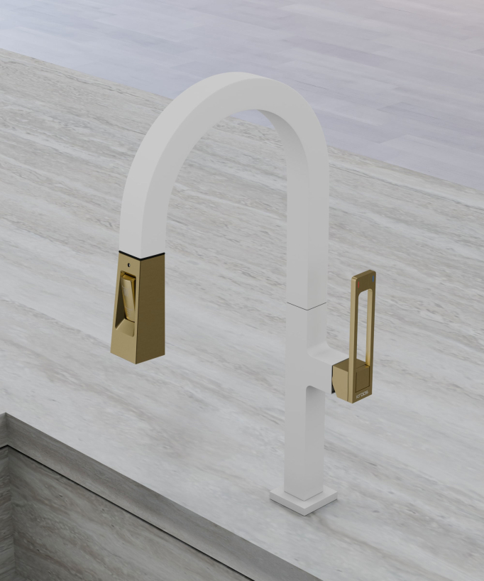Modern High Sink Mixer with Spray Head - White, Gold