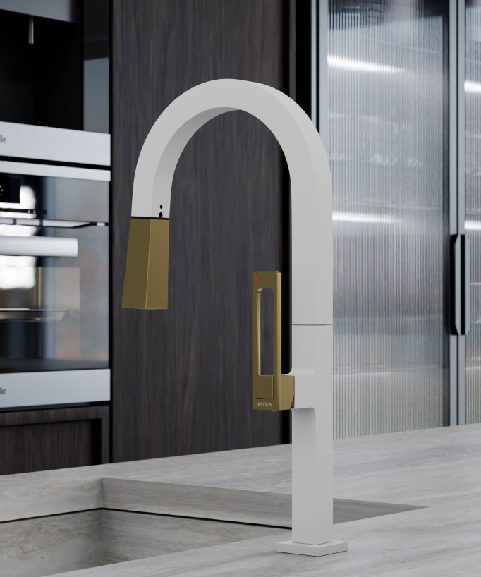Modern High Sink Mixer with Spray Head - White, Gold