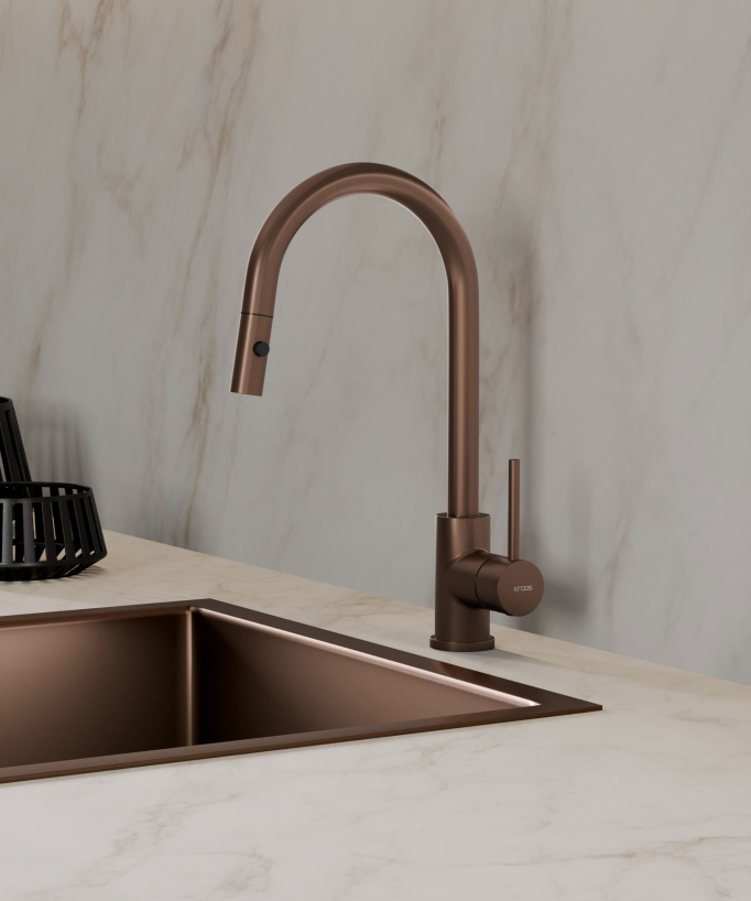 Modern Kitchen Mixer with Spray Head - Brushed Rose Gold