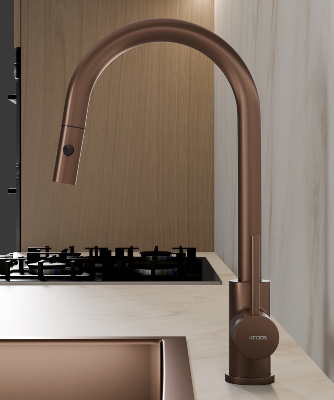 Modern Kitchen Mixer with Spray Head - Brushed Rose Gold